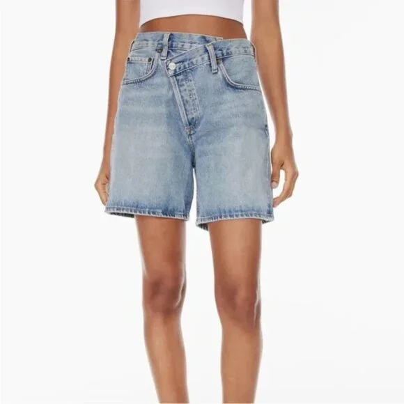 Agolde criss cross jean shorts size 23 revolve aritzia button fly long jorts - Picture 2 of 9